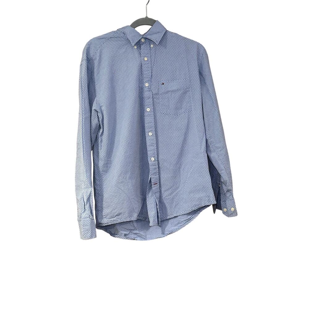 Tommy Hilfiger Classic Fit Men’s Button Front Cotton Shirt Blue Dot Print Medium